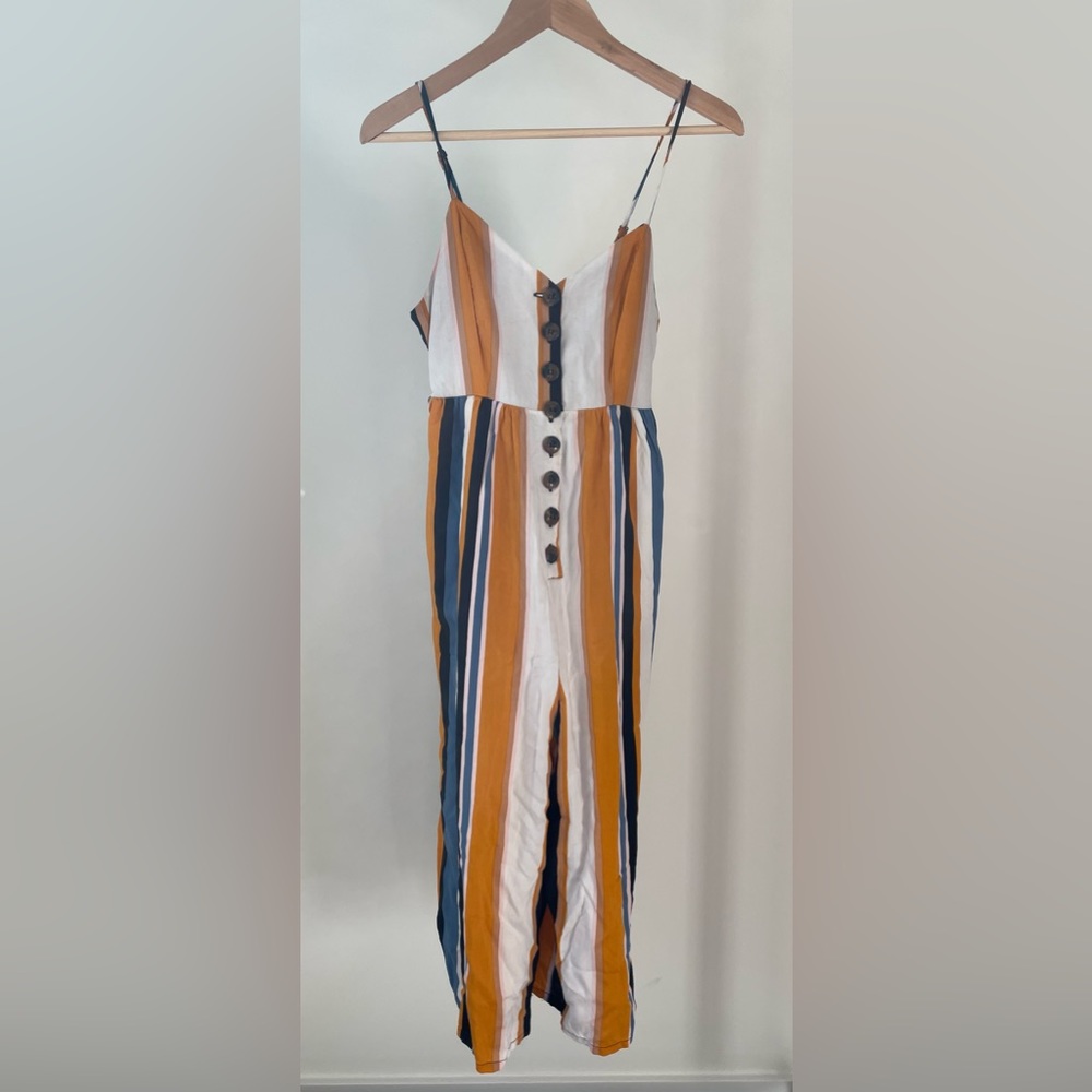 Yellow, White, Blue, striped cropped wide leg jumpsuit with spaghetti straps